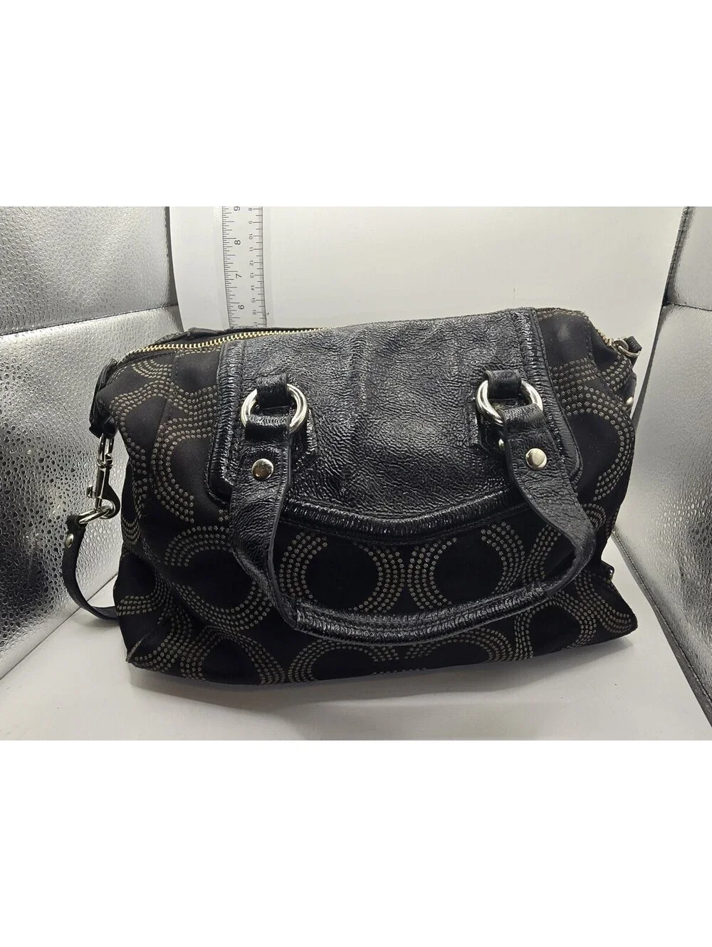Authentic Coach Ashley Dotted OP Art Satchel Hand Bag Purse F20027 Black